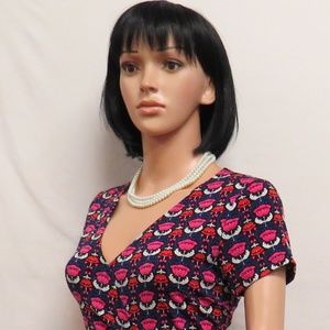 JONES NEW YORK Navy Red Pink Paisley Cap Sleeve Stretch Dress S